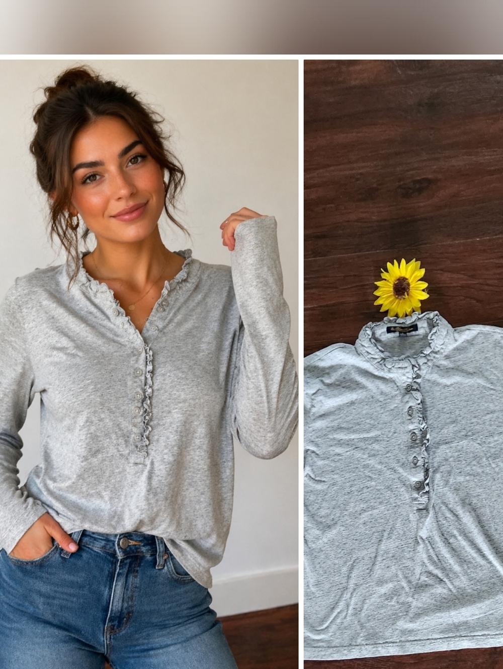 Brooks Brothers Grey Ruffle Trim Henley Top – Soft Classic Fit 🤍